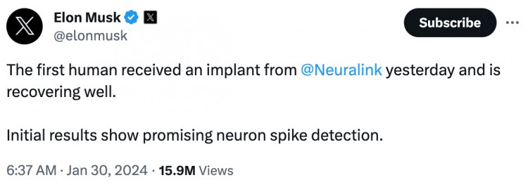 马斯克 Neuralink 完成首次人类植入，迷因币 Telepathy 大涨 41,000%